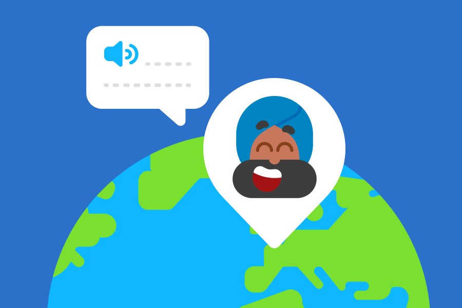 Illustration of the globe with Duolingo character Vikram above France and a speech bubble next to him