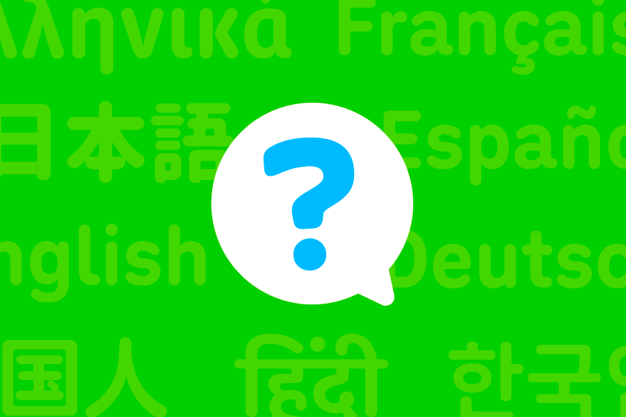 Illustration of a question mark in a speech bubble with the names of languages in the background