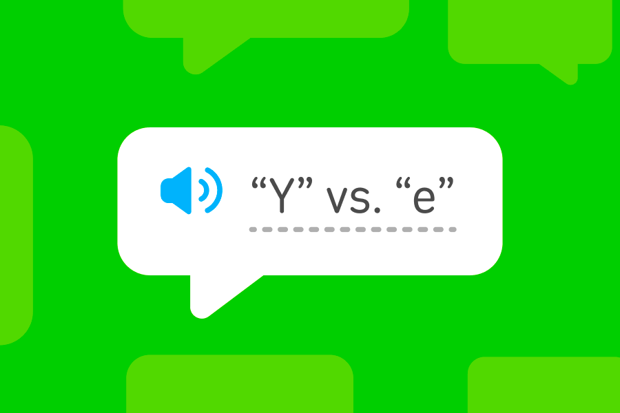 Illustration of a speech bubble that reads “‘Y’ vs. ‘e’”