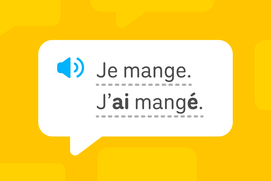 Illustration of a speech bubble with two French sentences: “Je mange” and “J’ai mangé.”