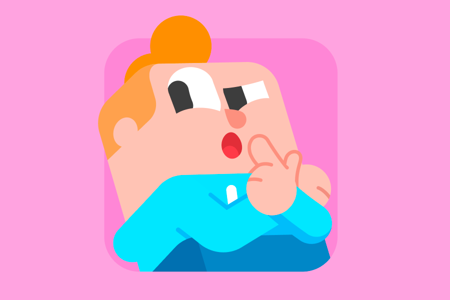Duolingo character Junior looking pensive with one eyebrow raised and a finger at the corner of his mouth.