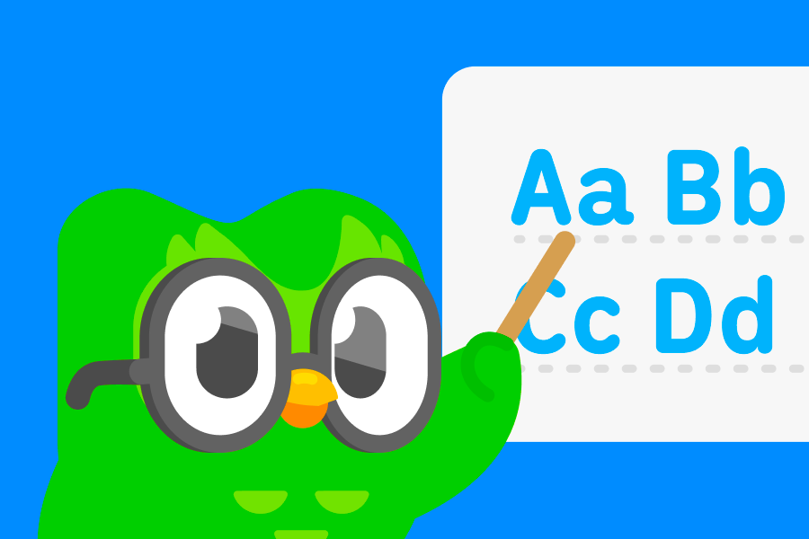 Illustration of Duo the owl wearing glasses and using a pointer to point to letters in the English alphabet
