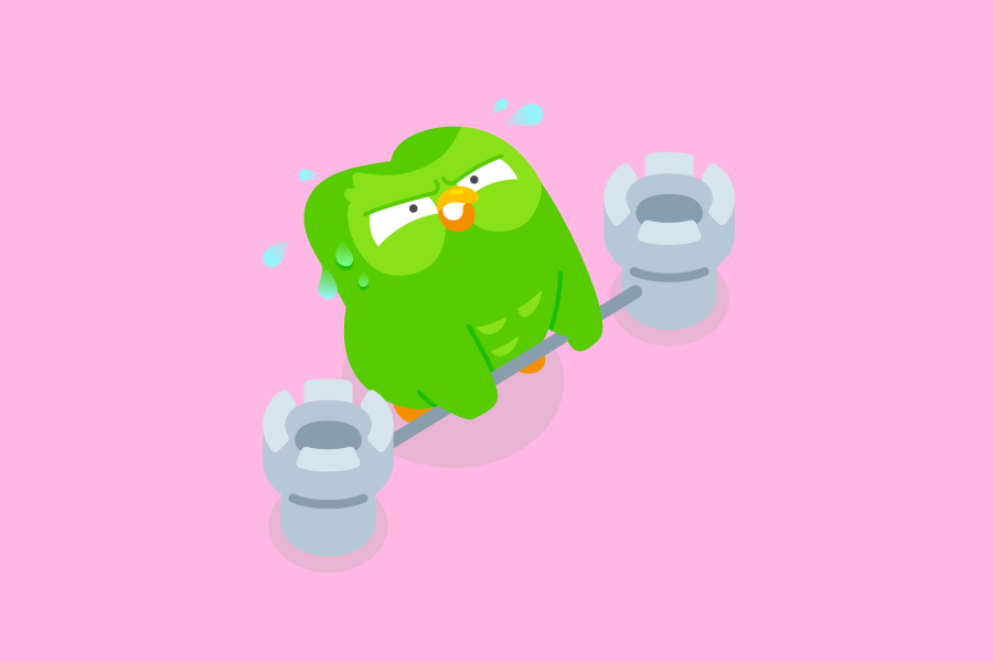 Illustration of Duo the owl sweating while trying to lift a barbell weighted with two rooks.