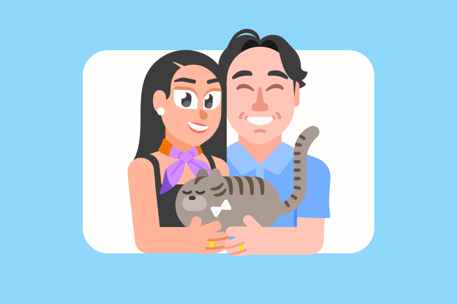 Illustration of a dark-haired woman and a dark-haired man side-by-side, holding a cat in their arms and smiling.
