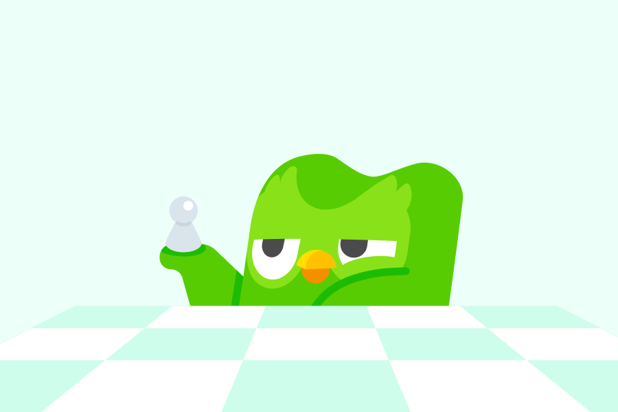 Illustration of Duo the owl sitting behind a chess board and eyeing the pawn in his hand.