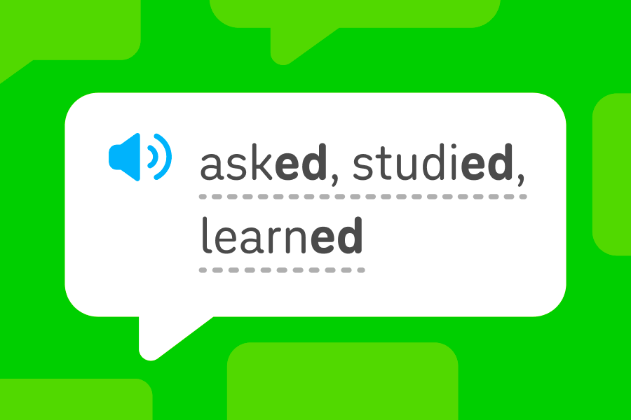 Speech bubble with the three English past tense verbs “asked,” “studied,” and “learned,” with their past tense ending “-ed” bolded