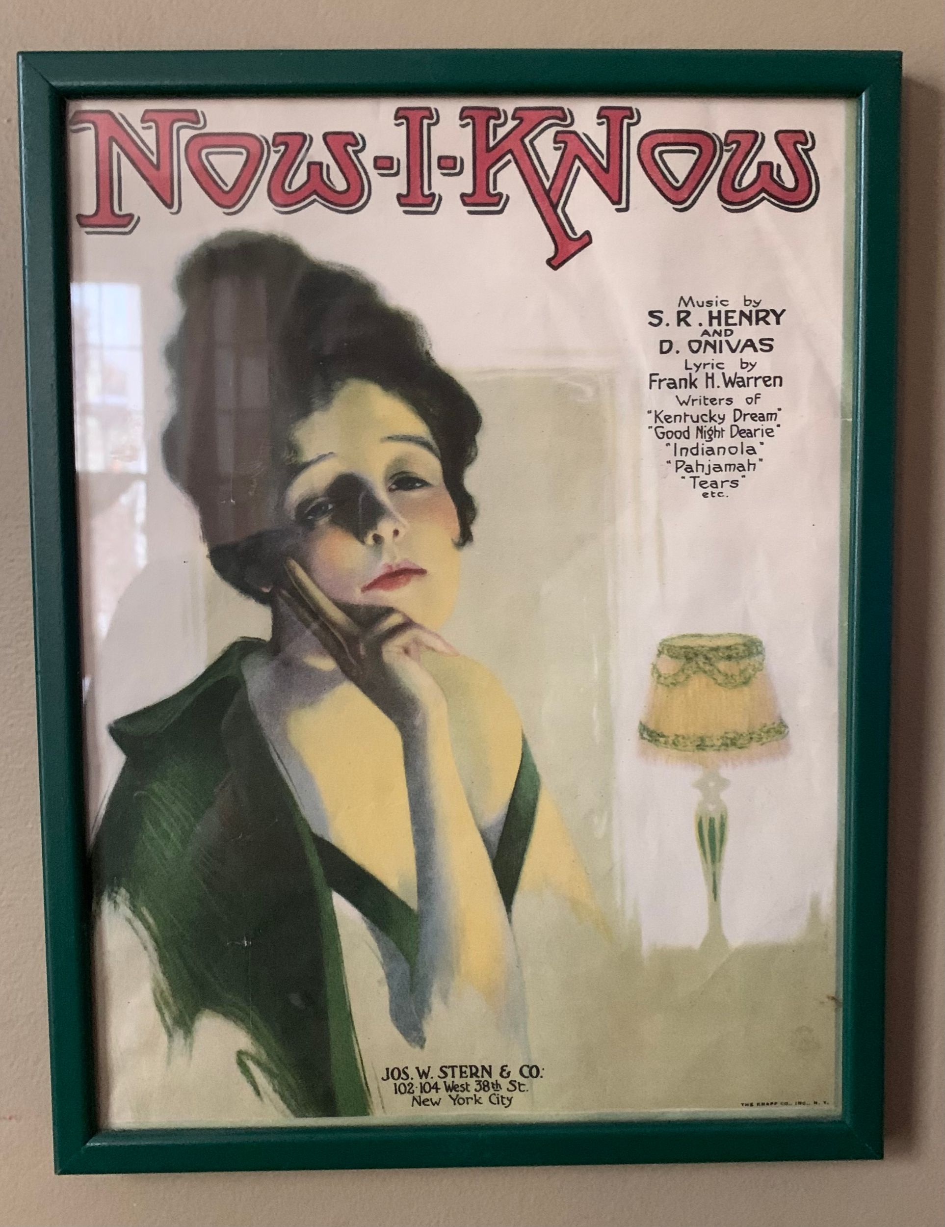 Now I Know cover art of elegant pretty woman and lamp with text “Music by S. R. HENRY and D. ONIVAS, Stern & Company, New York City