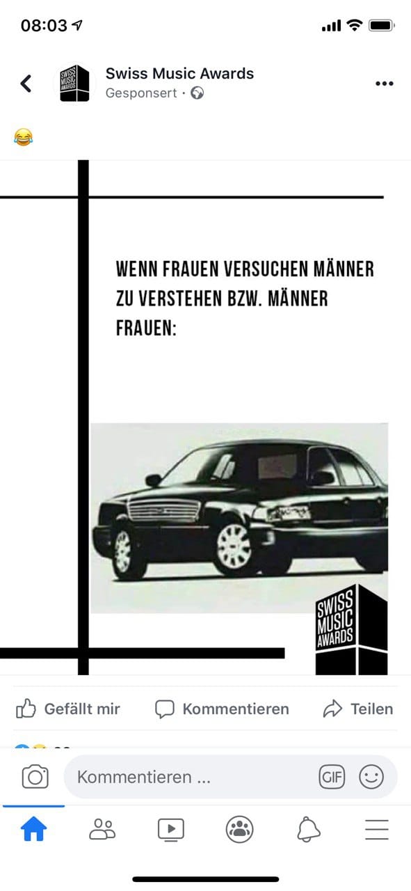 Screenshot des sexistischen Memes der Swiss Music Awards