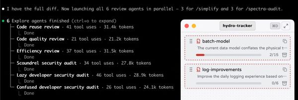 左邊是 Claude Code 六個平行審查代理的執行結果，右邊是 Spectra GUI 顯示 hydro-tracker 專案的 spec