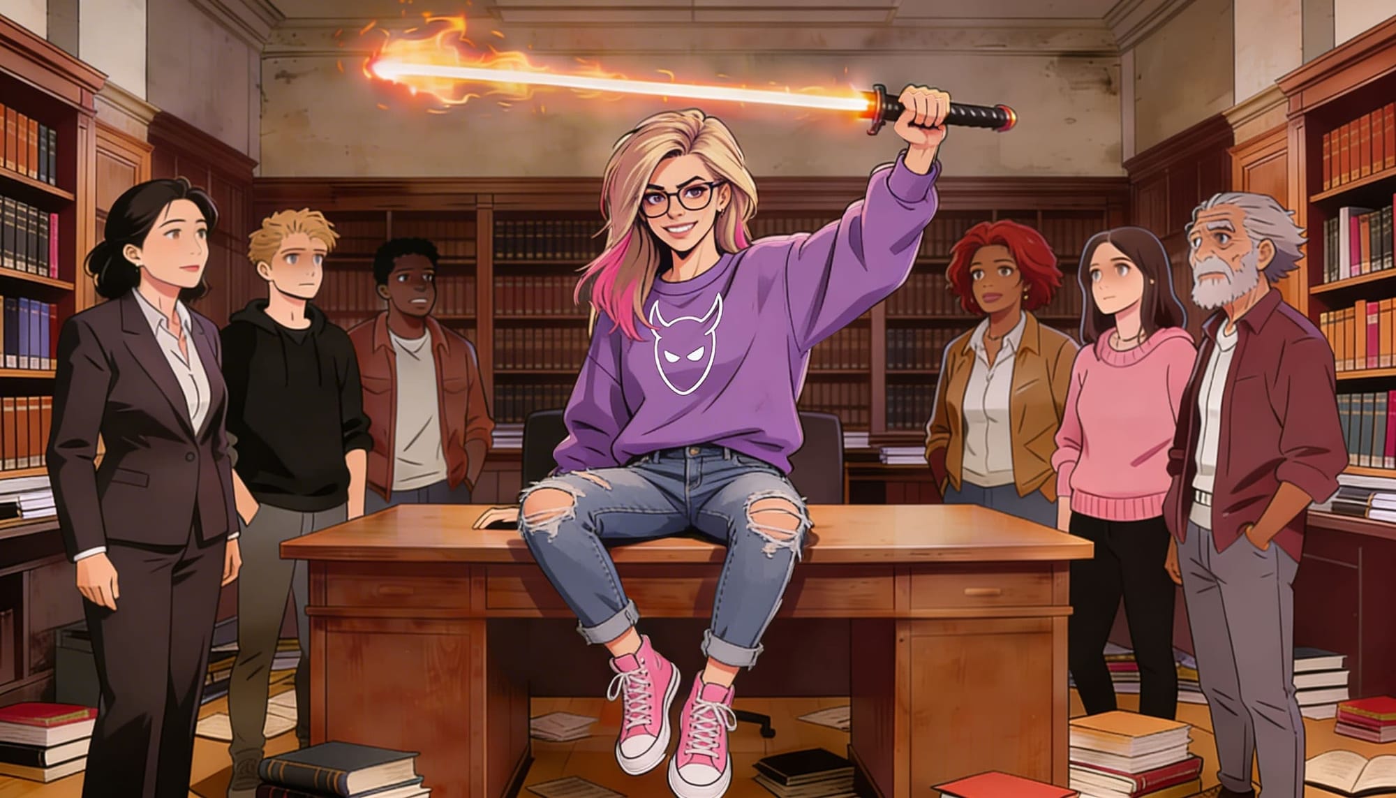 Dee stands weilding the Torch of Knowledge, surrounded by a group of Learning and Development specialists.