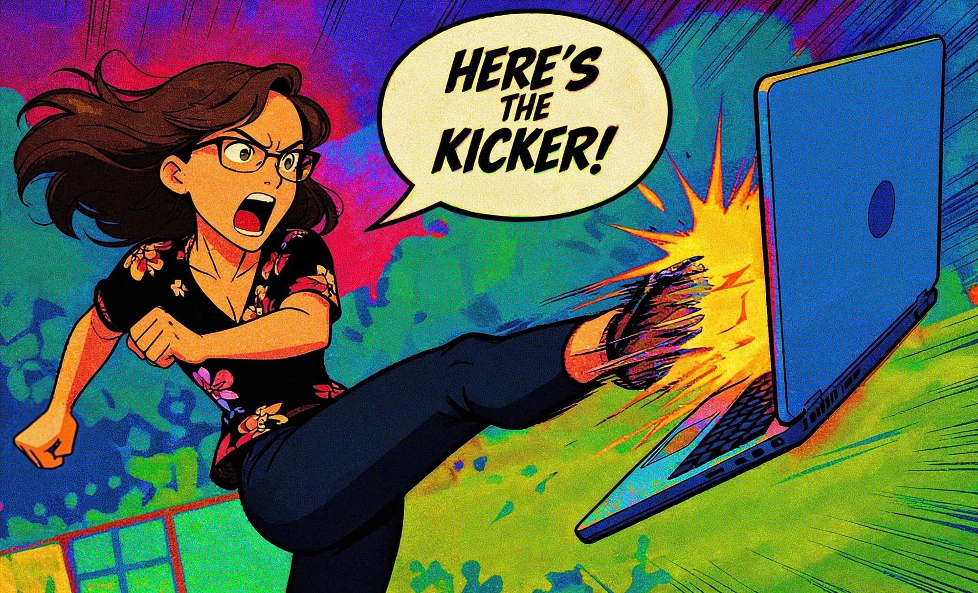 Katarzyna Kochany kicks a laptop and shouts 'Here's the kicker!''
