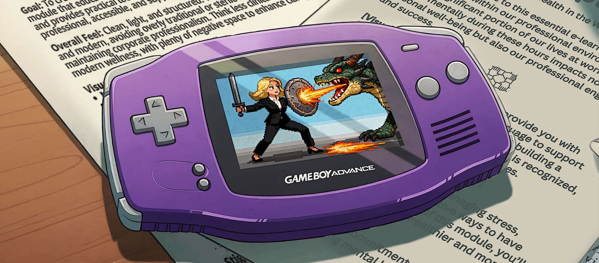 Andrea Love-Downs fighting a dragon on a Game Boy game.