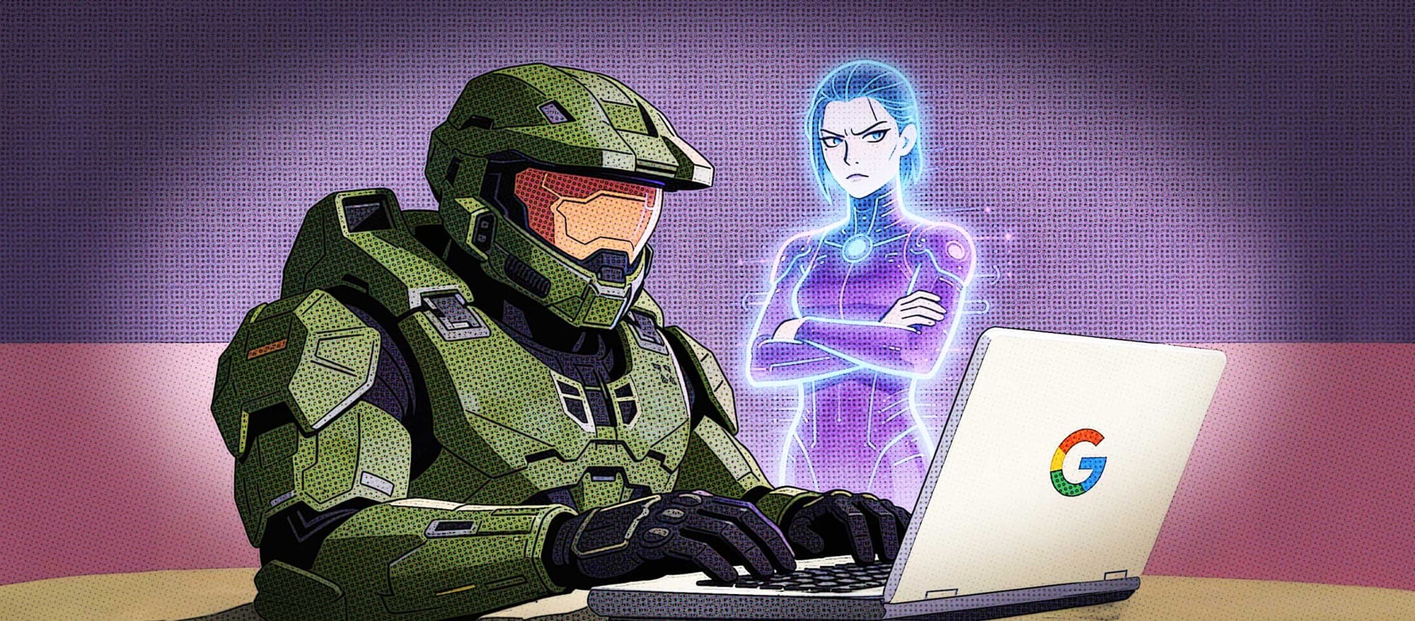 Halo's Master Chief uses Google NotebookLM as Cortana looks on, annoyed.