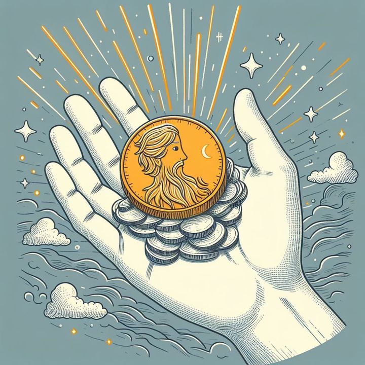 Des pièces de monnaie prestigieuses surmontées d'une grande pièce d'argent gravée d'un homme barbue dans une main au-dessus des nuages