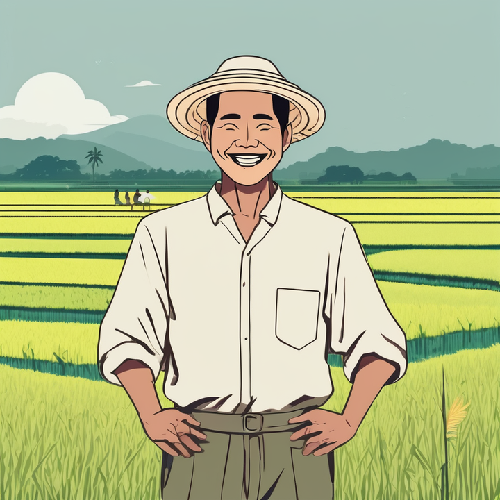 Un homme souriant malgache type asiatique avec un chapeau de paille type posant devant une rizière verte