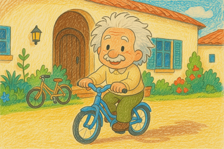 Albert Einstein falifaly endrika mitaingina bisikileta manga eo an-tokotany ahitana bisikileta mavo mipetraka tsisy mpandeha, sy trano mitafo tanimanga