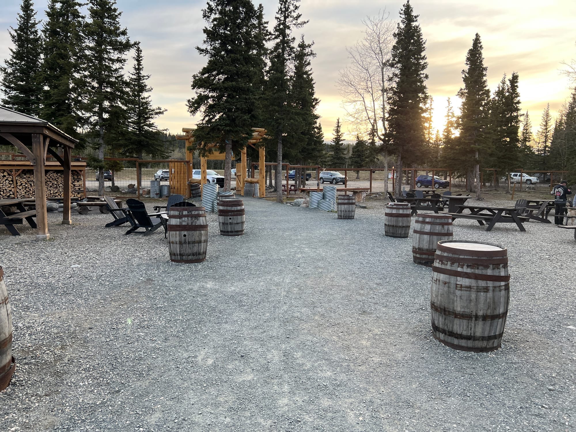 Outdoor seating area at sunset