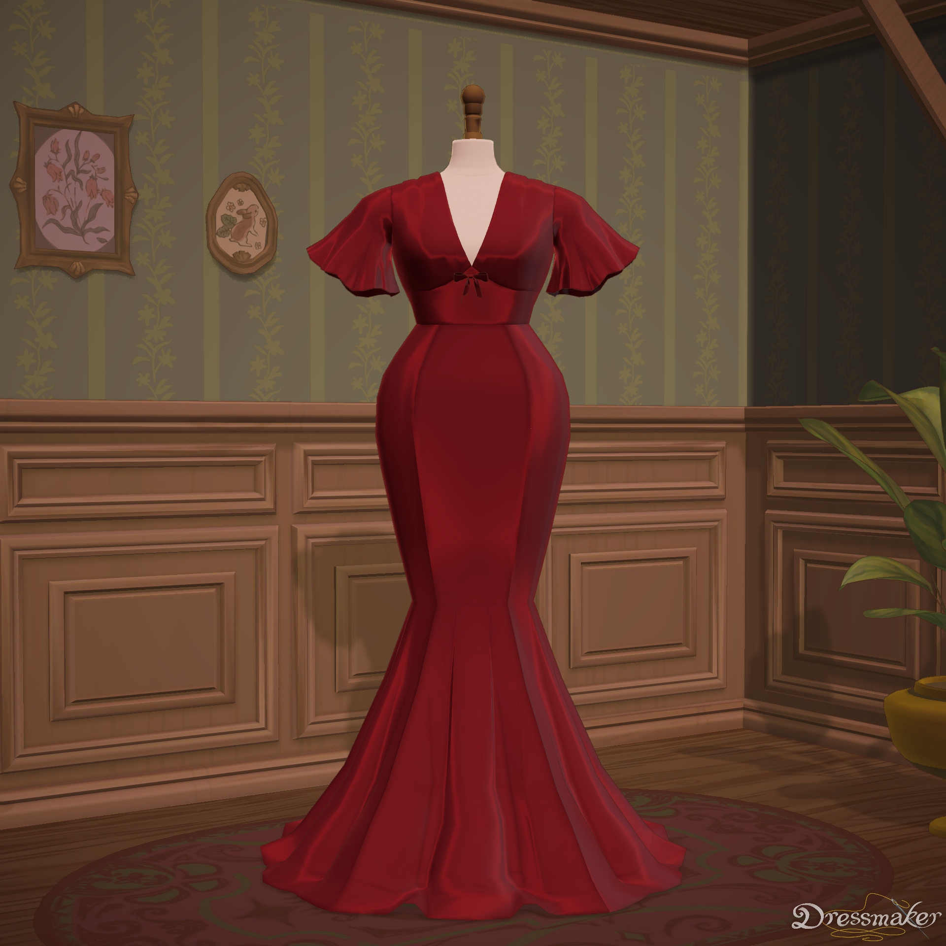 a screenshot from the game Dressmaker. It shows a scarlet gown, made from silk, with flared short sleeves and a bow in the middle.