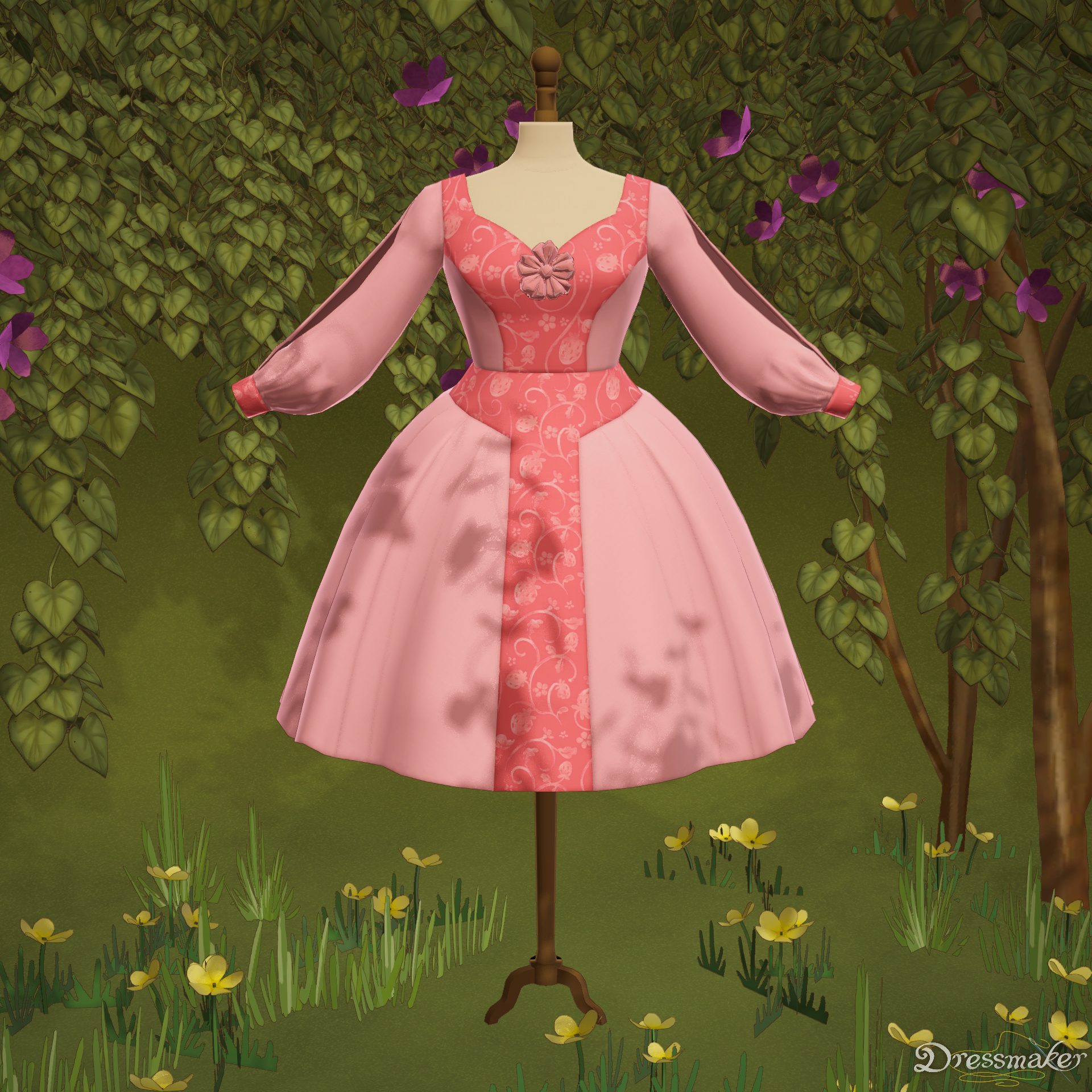 A screenshot from Dressmaker. It shows a pink dress with long sleeves, and a patterned darker pink panel in the centre. There is a pretty flower on the neckline.