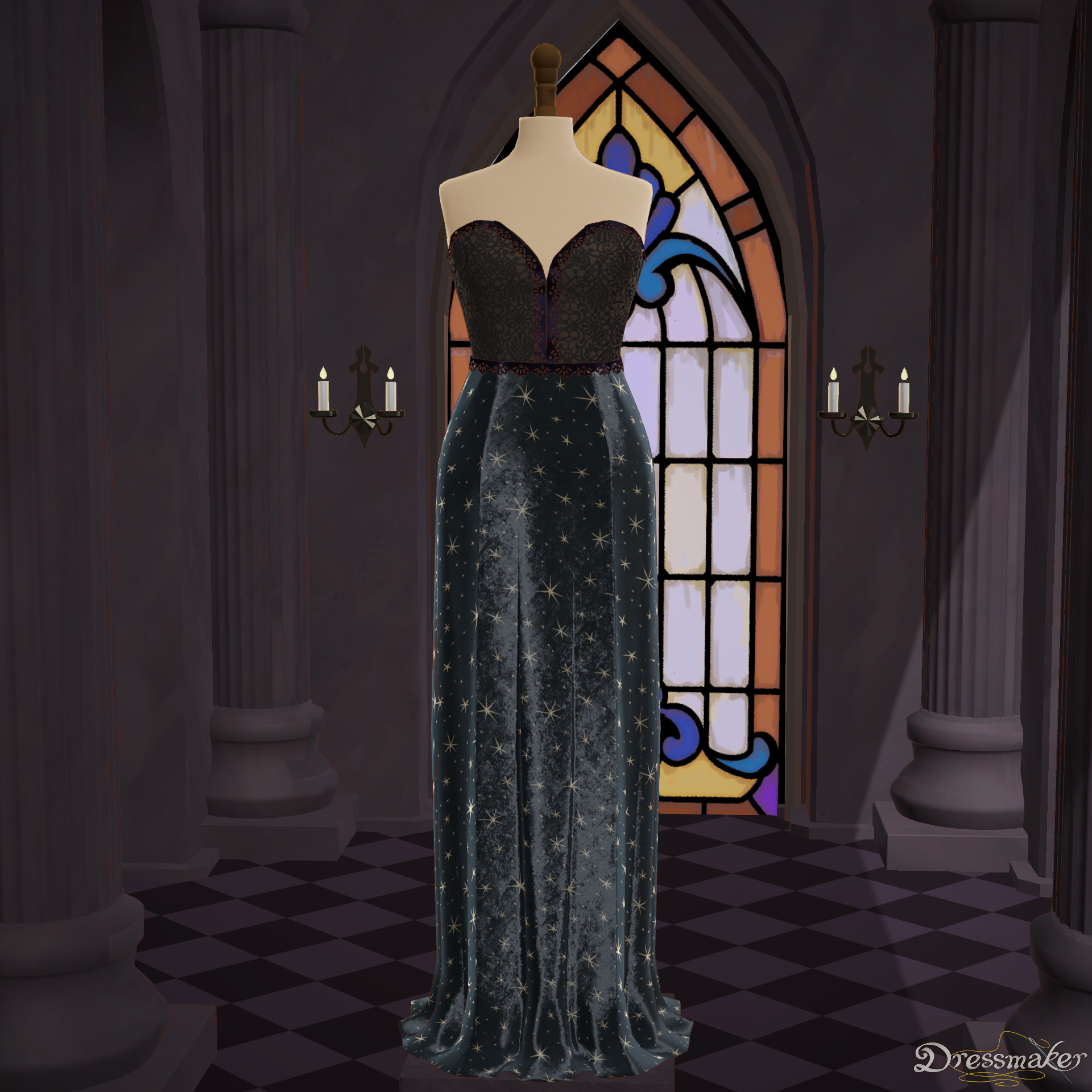 A screenshot from Dressmaker. It shows a dramatic black dress, made from lace on the top half (it is strapless), and then celestial-print velvet on the bottom.