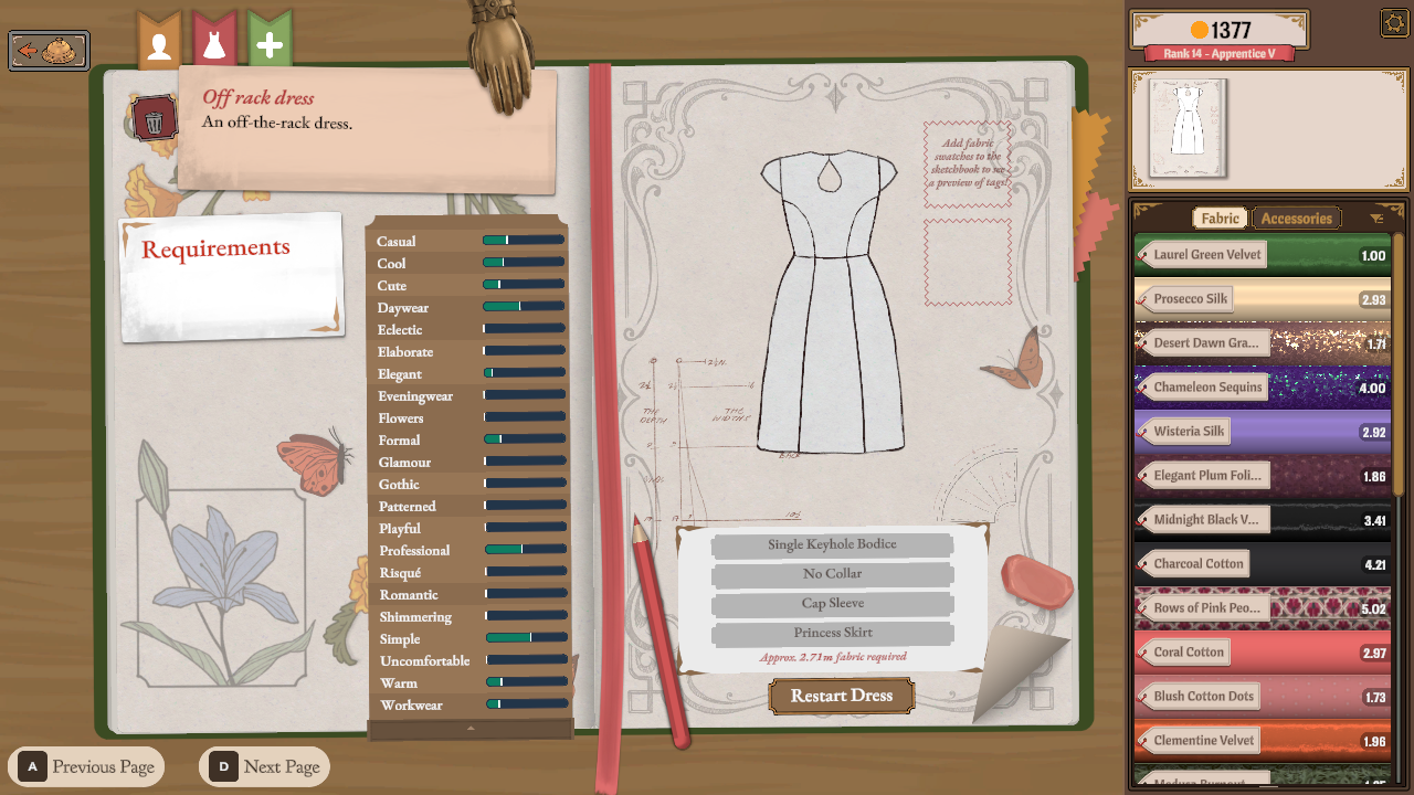 A screenshot from the game Dressmaker. An open sketchbook shows the design of a short-sleeved dress, with fabric samples on the side