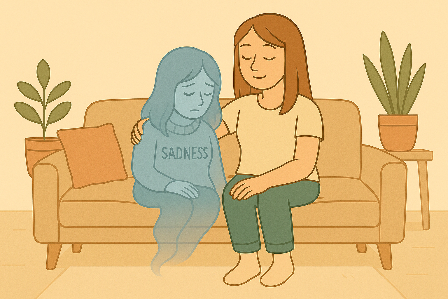 A scene depicting two characters sitting on a sofa: a woman embracing her own emotion of sadness to support her.