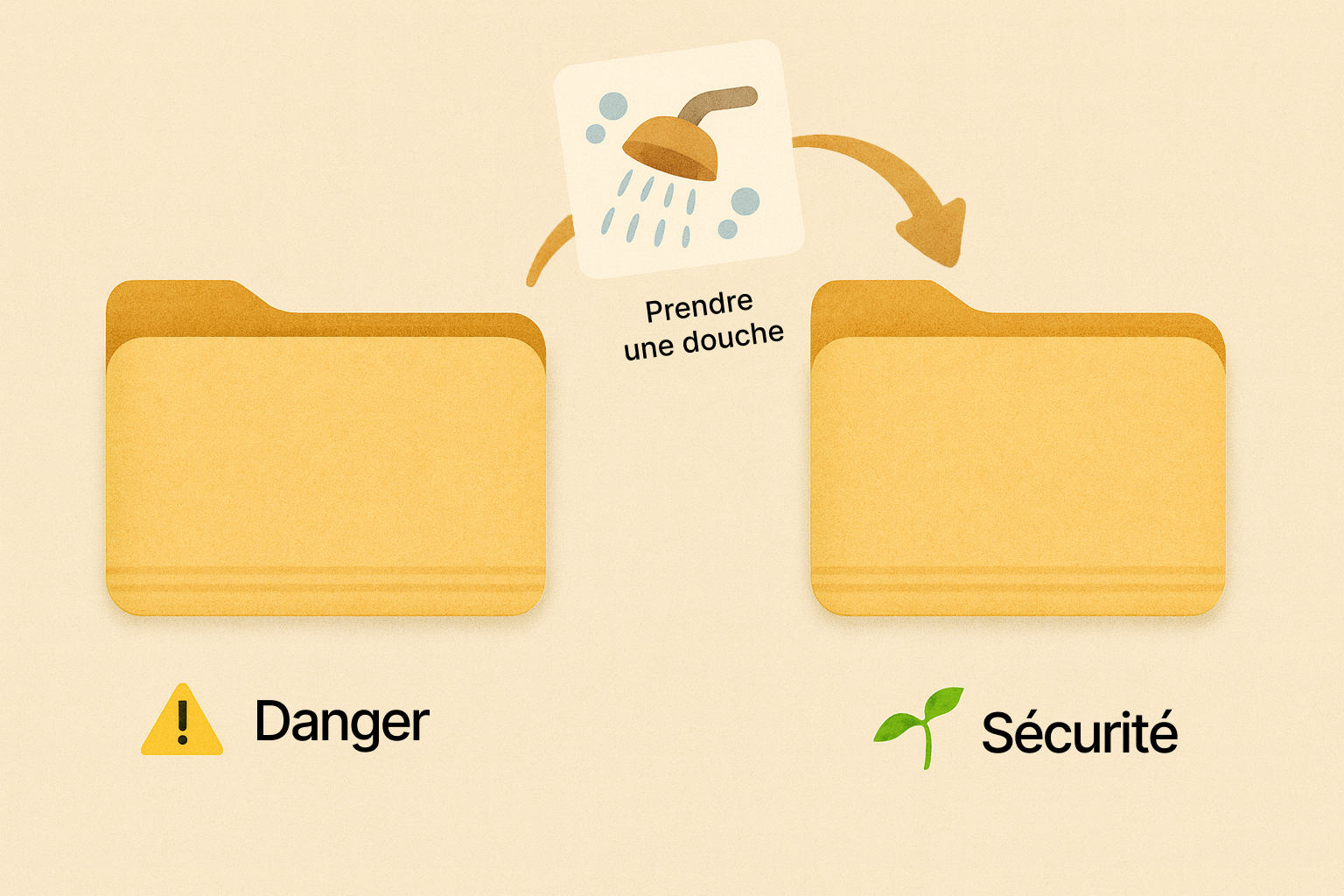 Illustration représentant 2 dossiers informatiques jaunes, l'un intitulé "Danger" et l'autre "Sécurité". Un "fichier" intitulé "Prendre une douche" est en train d'être déplacé du premier dossier vers le second.