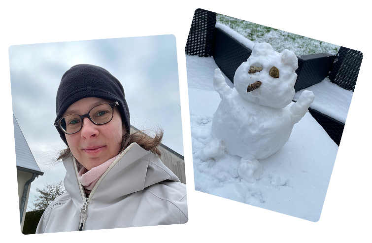 Une photo de moi souriant en tenue d'hiver à gauche, et une photo d'un petit bonhomme de neige à droite.