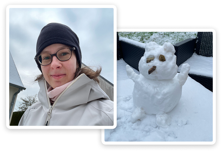 A picture of me smiling in Winter clothing on the left, and a picture of a small snowman on the right.