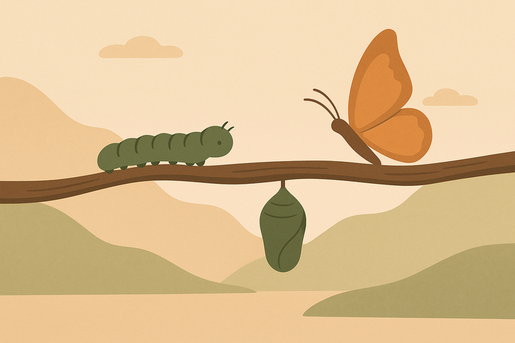 A picture that shows a transformation process, from caterpillar to butterfly