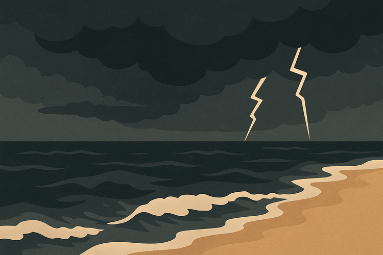 Une illustration de plage avec des vagues agitées sous un ciel orageux.