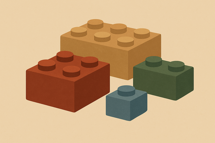 Four Lego building blocks in different colors, ranging from a small block with 1 stud to a large block with 6 studs.