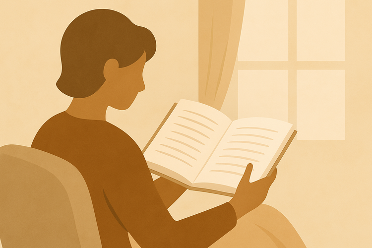 A person reading a book calmly in an armchair, in front of a window.