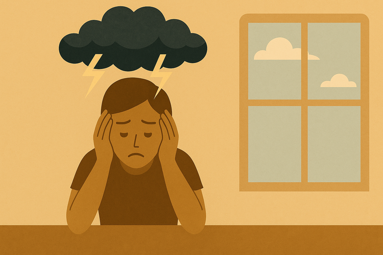 Une personne avec la tête entre les mains et un nuage d'orage au dessus de la tête, le visage angoissé.