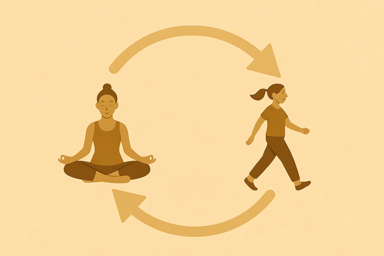 A representation of a cycle between rest (a woman practicing yoga) and activity (a woman walking)