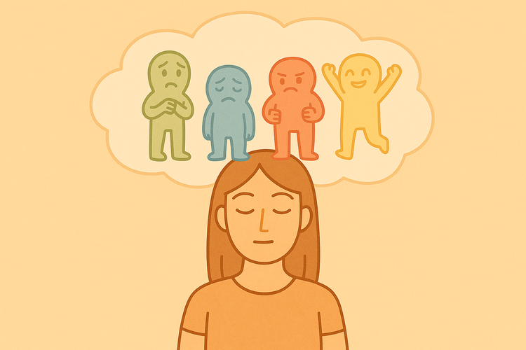 A female character with her four key emotions represented above her head in the form of small colored figures.