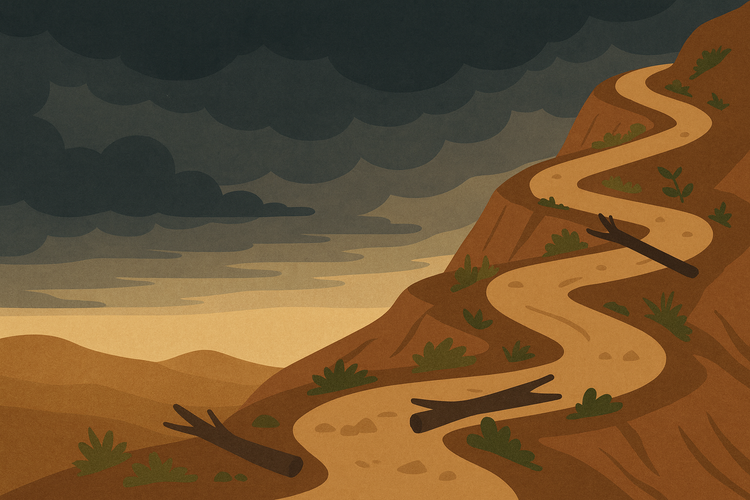 A dirt road climbs a hillside under a stormy sky. Fallen branches, rocks, and plants line the path, symbolizing a difficult journey.