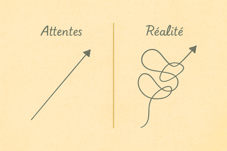 Une image représentant deux flèches : la première indique « Attentes » et est une ligne droite ascendante. La seconde indique « Réalité » et est une ligne ascendante sinueuse et irrégulière.