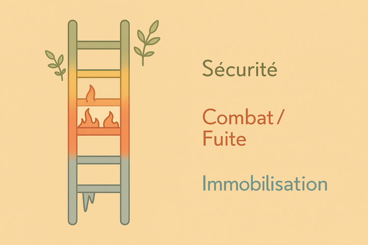 L'échelle polyvagale : l'état de sécurité, vert avec de petites plantes ; l'état de combat-fuite, rouge avec du feu ; l'état d'immobilisation, bleu avec de la glace.