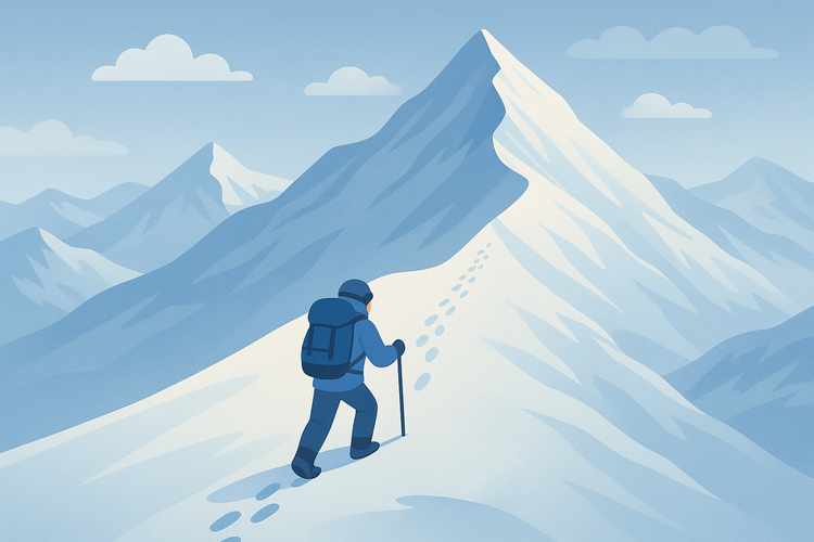 A person climbing the Everest on a beautiful day, close to the summit, following the foot steps of previous climbers.