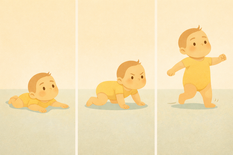 Illustration d'un bébé. Au début, il est allongé sur le sol, puis il rampe avec un air déterminé, puis il se met à marcher. 