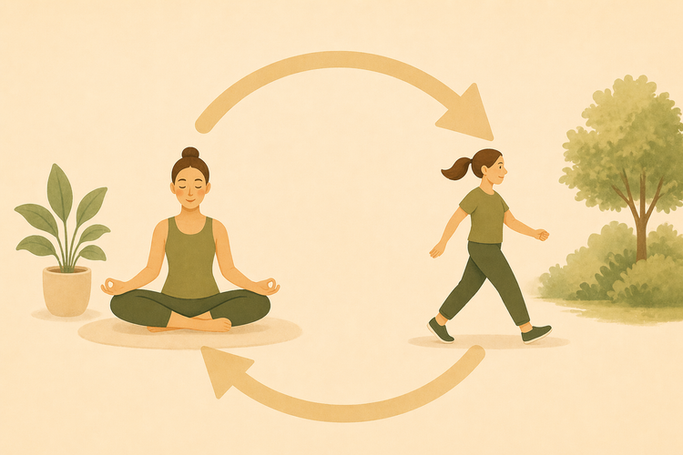 A representation of a cycle between rest (a woman practicing yoga) and activity (a woman walking)