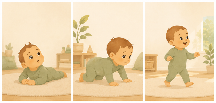 Illustration d'un bébé. Au début, il est allongé sur le sol, puis il rampe avec un air déterminé, puis il se met à marcher. 