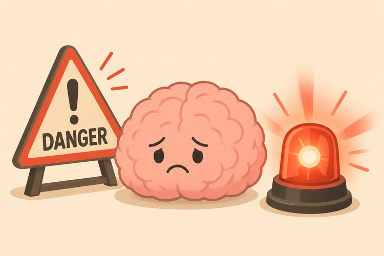 Image d'un cerveau "cartoon". Il a l'air triste et inquiet, entouré de signaux d'alarme et de panneaux de danger.