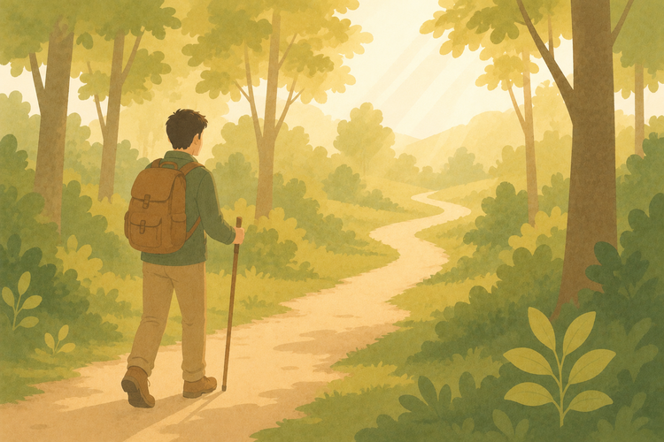 Un homme avec un sac à dos sur un sentier forestier, marchant et regardant vers l'horizon.