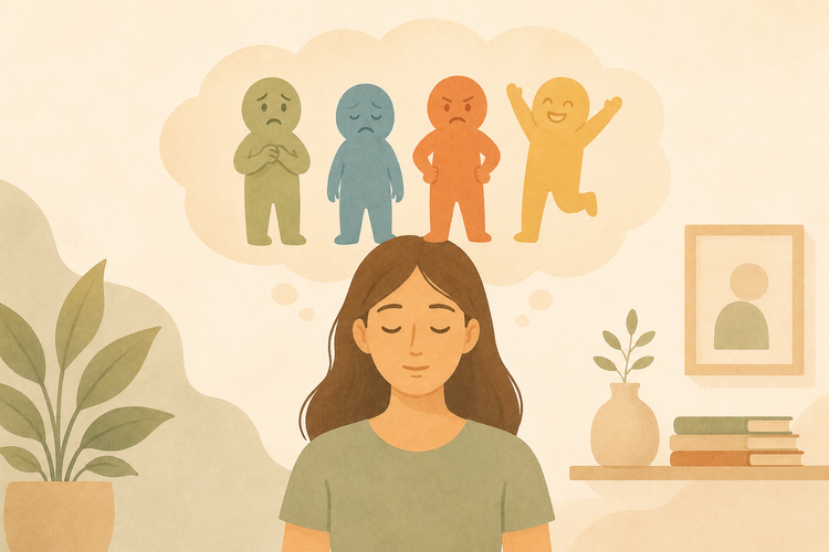 Un personnage féminin avec ses 4 émotions clé représentées au dessus de sa tête, sous la forme de petits bonhommes de couleur
