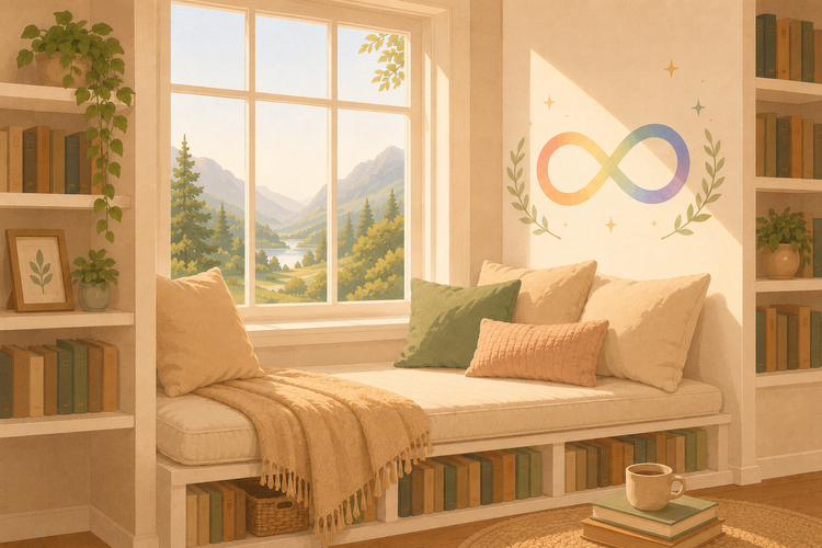 Coin lecture chaleureux avec une banquette moelleuse sous une fenêtre, entourée de livres et de plantes, avec un symbole infini arc-en-ciel pastel représentant la neurodiversité
