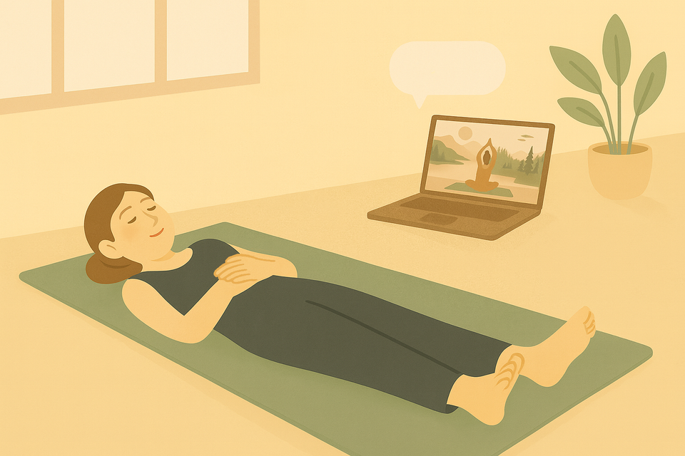 A woman on a yoga mat in a relaxing pose with a computeur showing a guided pratice