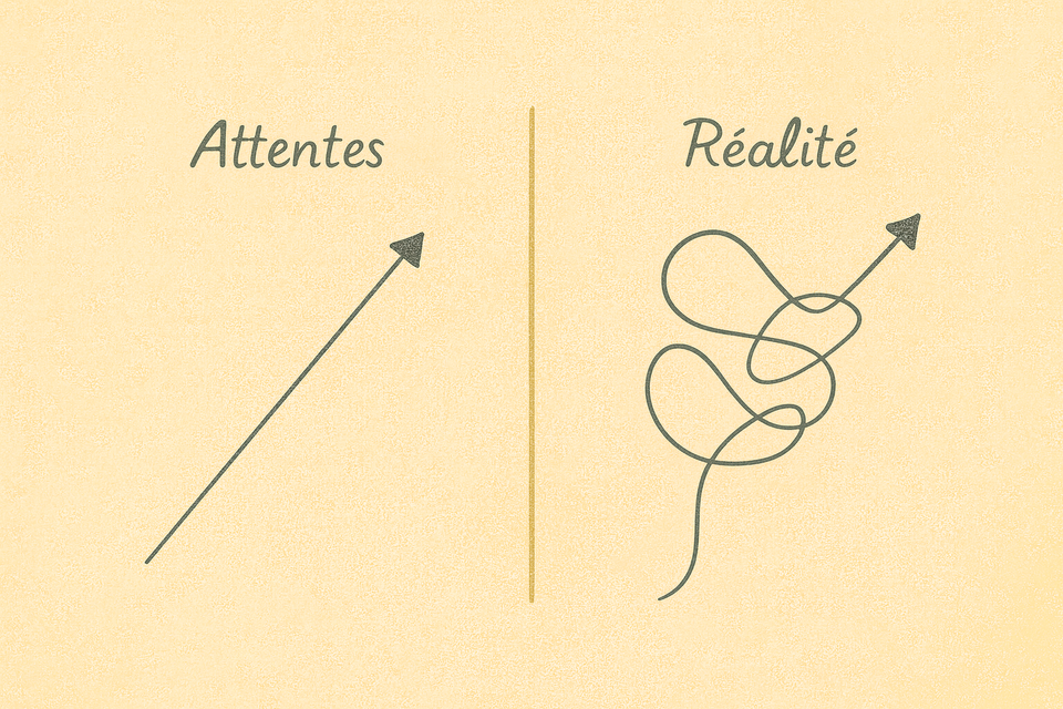 Une image représentant deux flèches : la première indique « Attentes » et est une ligne droite ascendante. La seconde indique « Réalité » et est une ligne ascendante sinueuse et irrégulière.