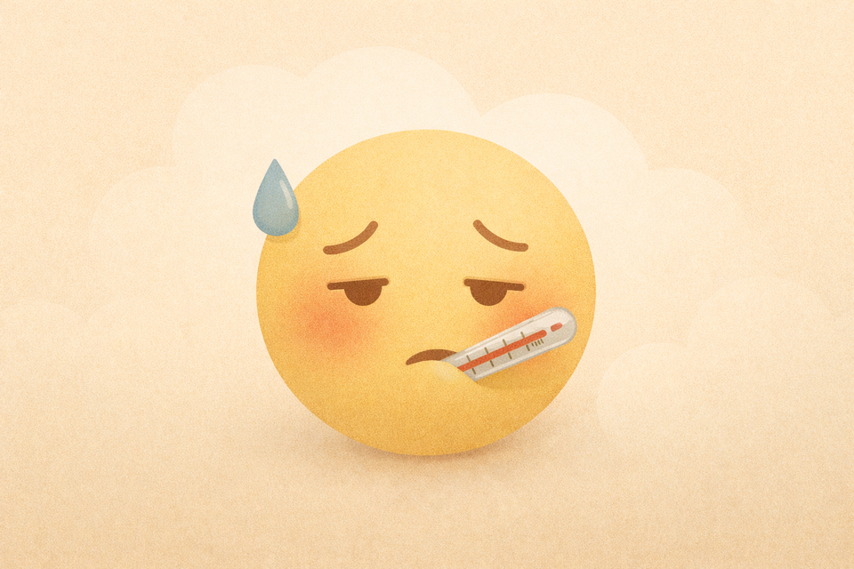 Illustration d'un smiley malade aux yeux fatigués, un thermomètre dans la bouche.